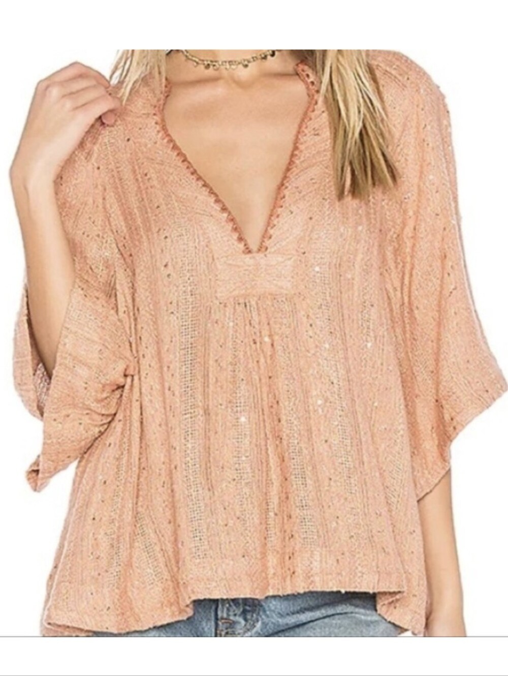 Free People Peach Knit V-Neck Women's Top